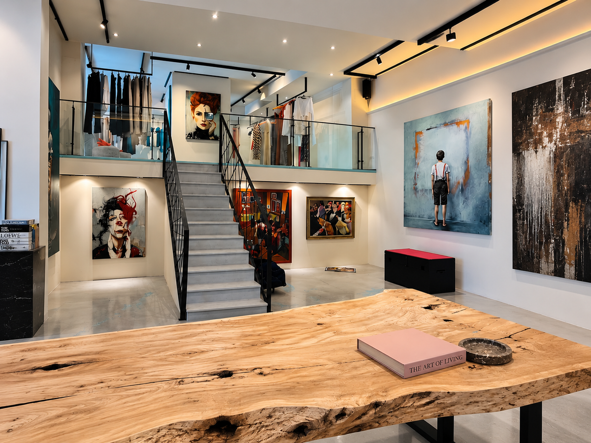 Art, staircase and mezzanine inside ROCCO Marbella.