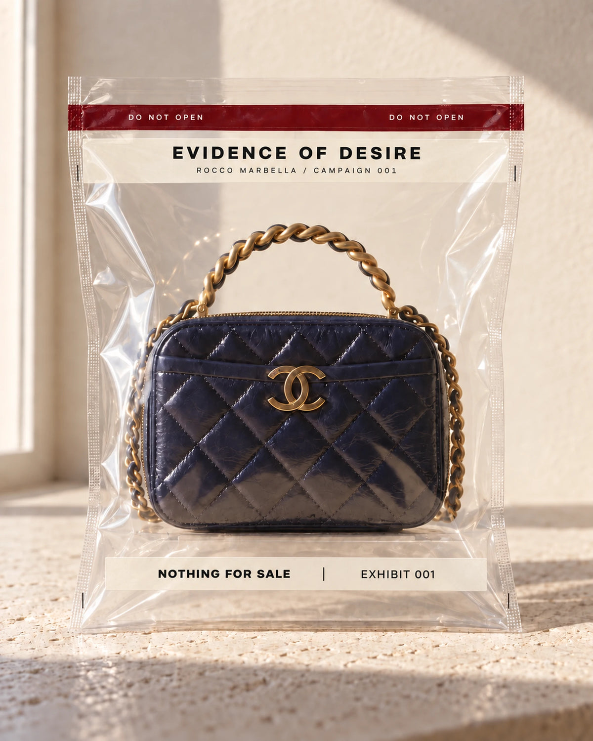A blue handbag sealed inside a transparent ROCCO pouch in warm daylight.