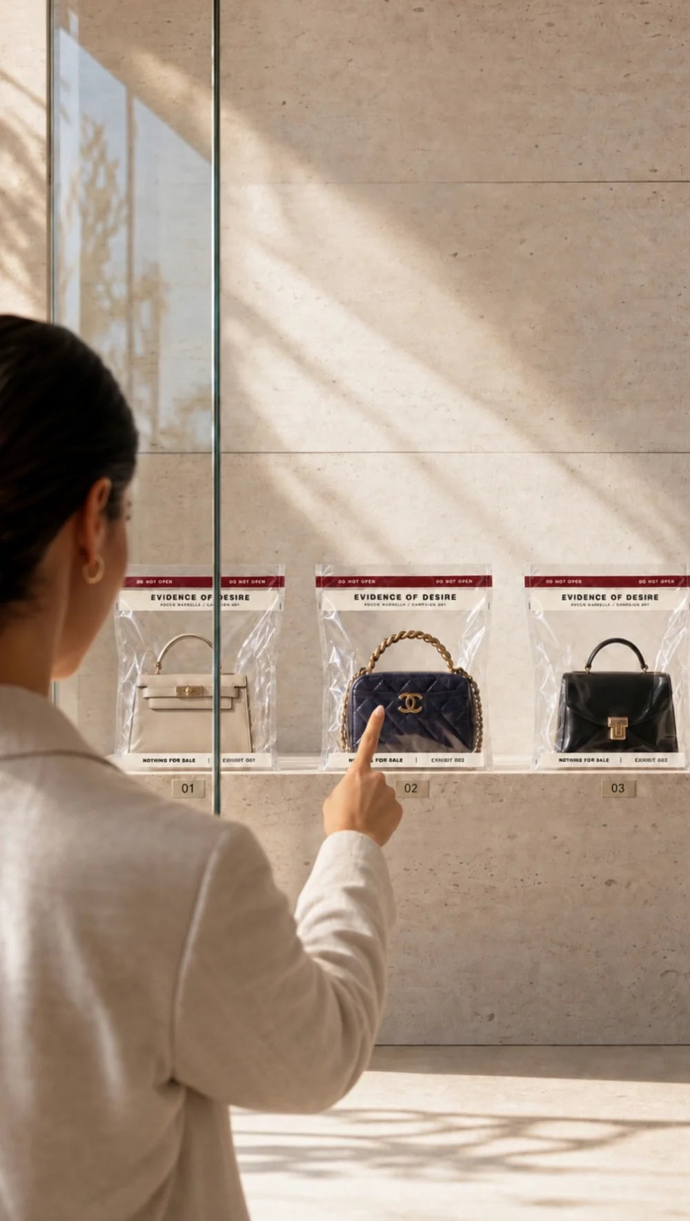 A woman looks at handbags inside transparent ROCCO pouches in warm daylight.